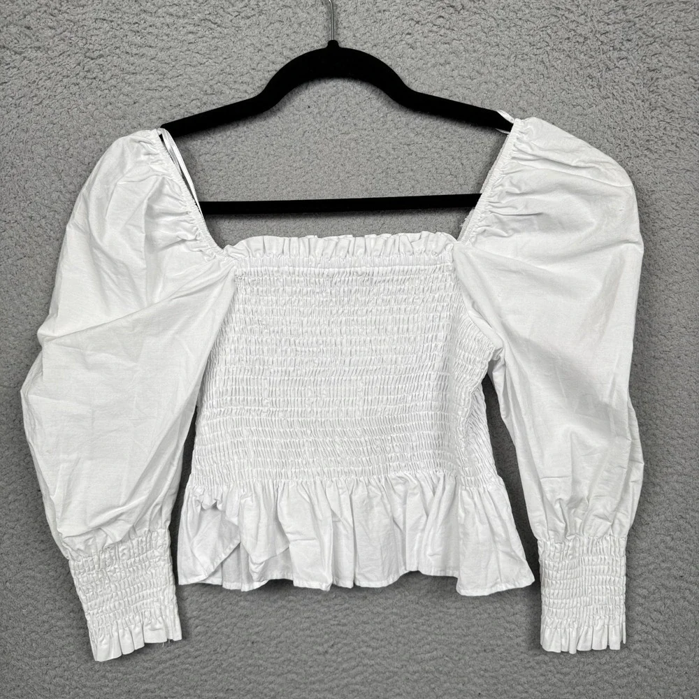 Zara Top Womens S White Smocked Romantic Feminine Milkmaid Preppy Clean Girl‎